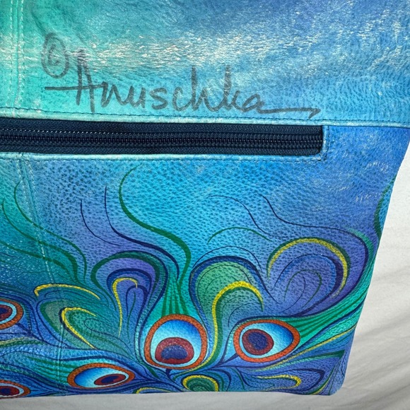 Anuschka Hand-Painted Leather Shoulder Bag Peacock Feathers Blue Green Purse - Picture 5 of 16
